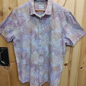 TENTH OCEAN Men Tropical Purple Short Sleeve Button Down Linen Cotton Shirt XL